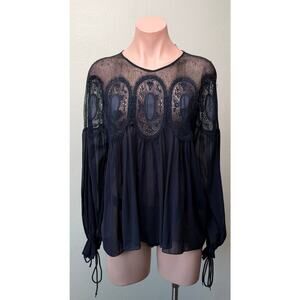 Chloe Womens Navy Lace Mesh Babydoll Blouse US 6